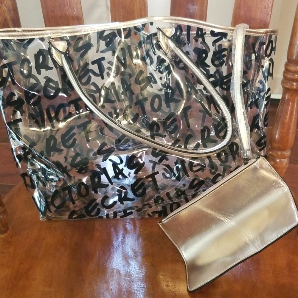 Victoria's Secret Clear Tote Bag with Gold Pouch - Metallic Trim